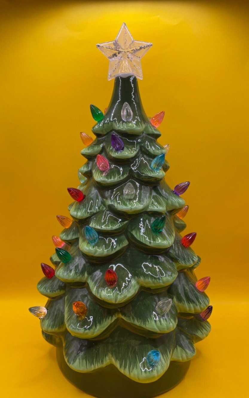 Vintage Lighted Tabletop Ceramic Christmas Tree -Battery Operated 14" Tall